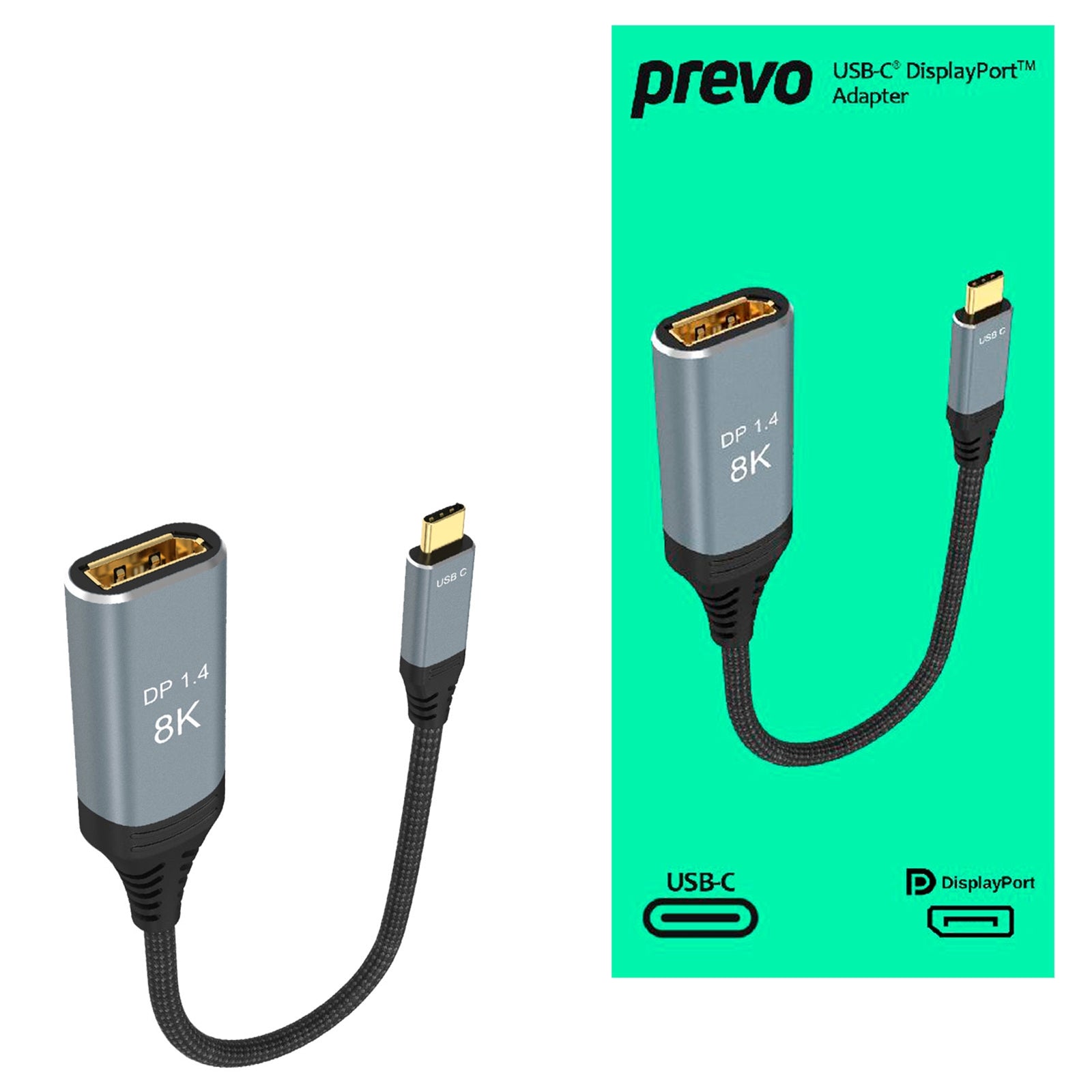 Prevo USBC-DP-ADA Display Converter Adapter, USB Type-C (M) to DisplayPort (F), 0.2m, Black & Silver