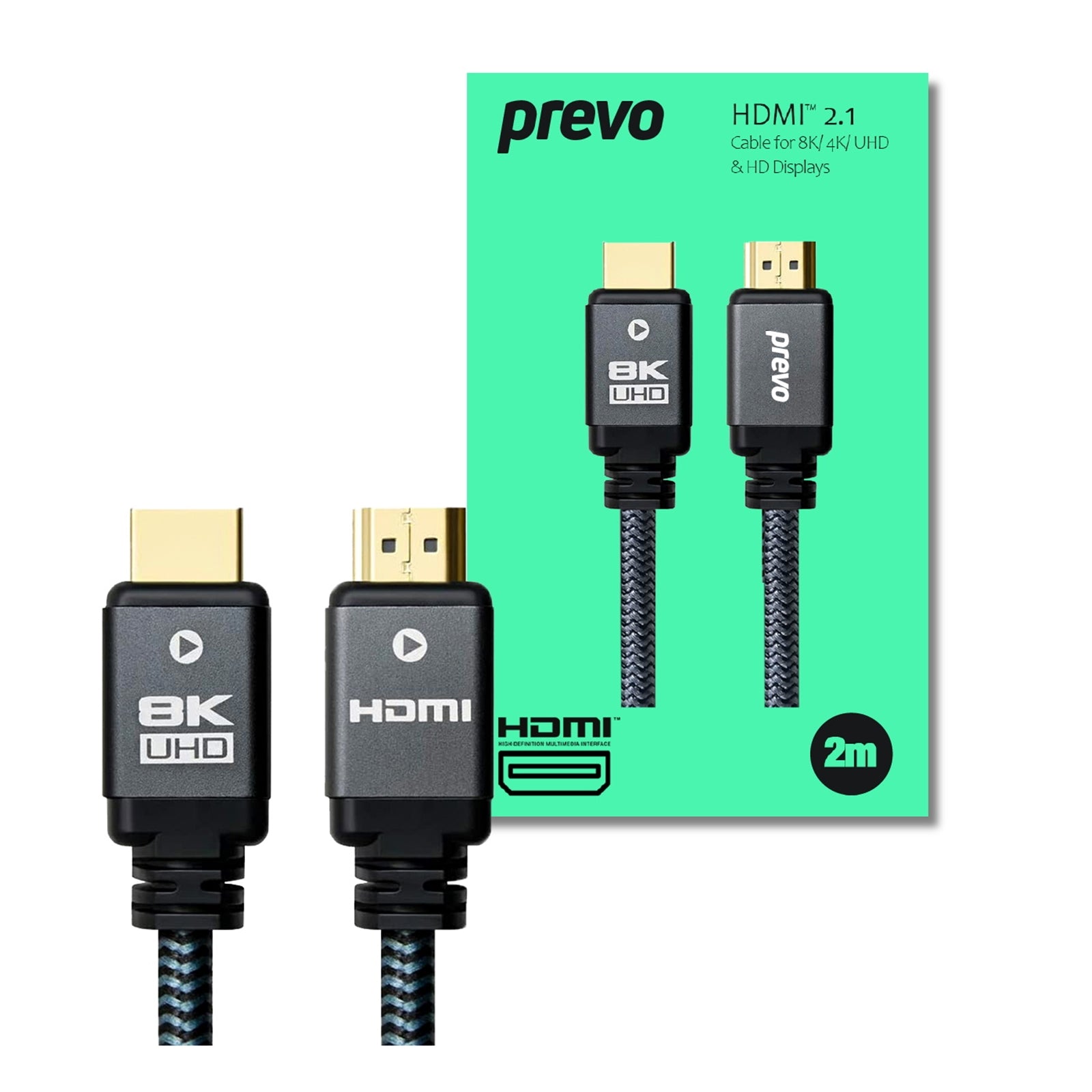 Prevo HDMI-2.1-2M HDMI Cable, HDMI 2.1 (M) to HDMI 2.1 (M), 2m, Black & Grey